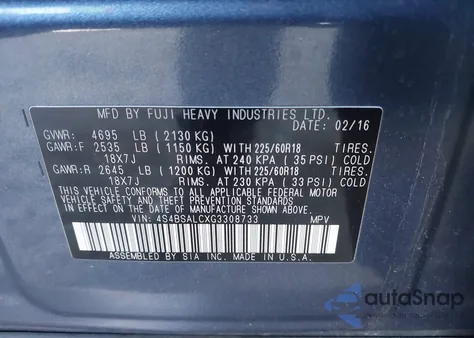 2016 Subaru Outback 2.5I Limited из США, поврежденный, VIN 4S4BSALCXG3308733